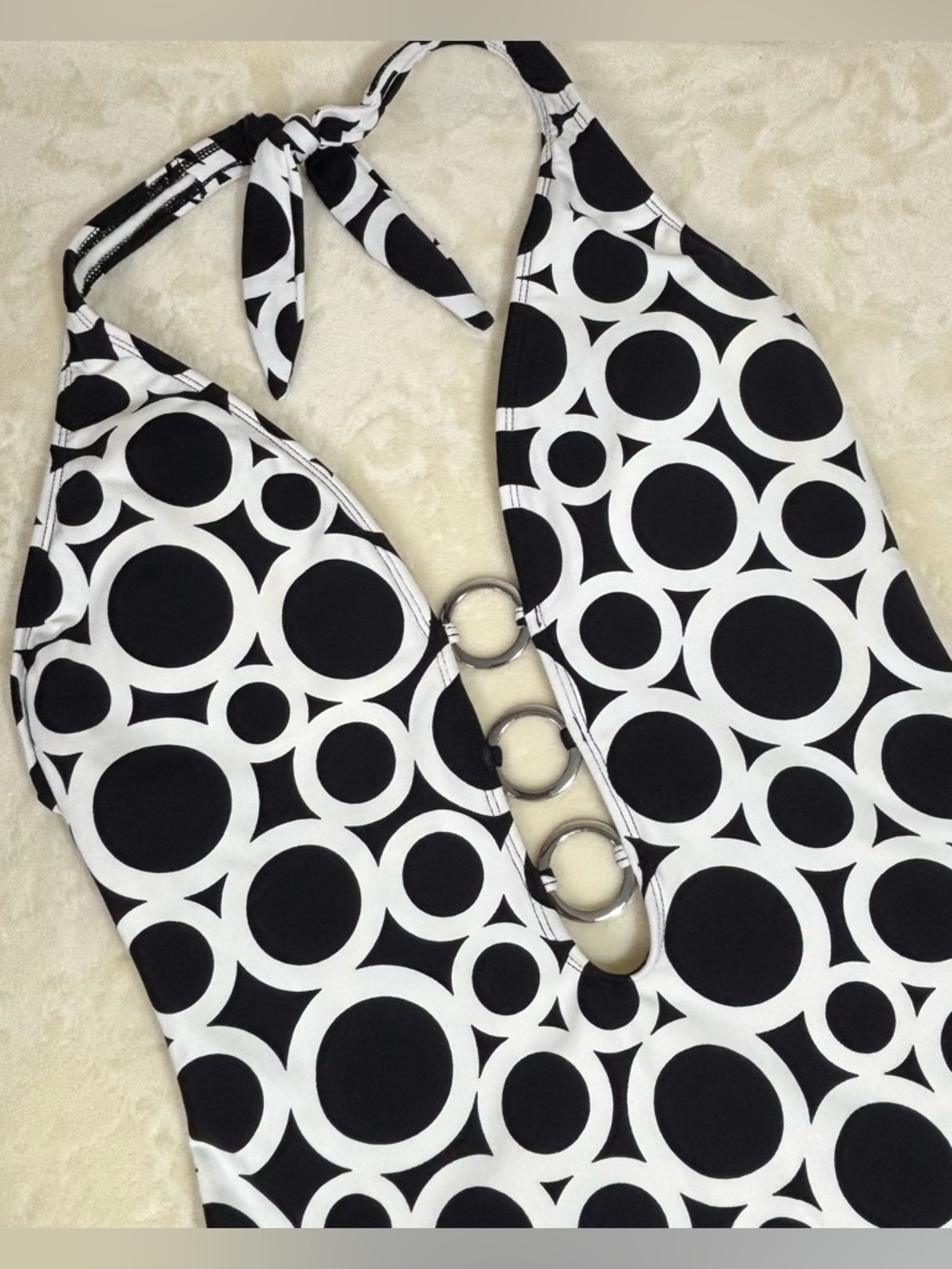 La Blanca Women’s Black & White Circle-Print Halter One-Piece Swimsuit Size 12